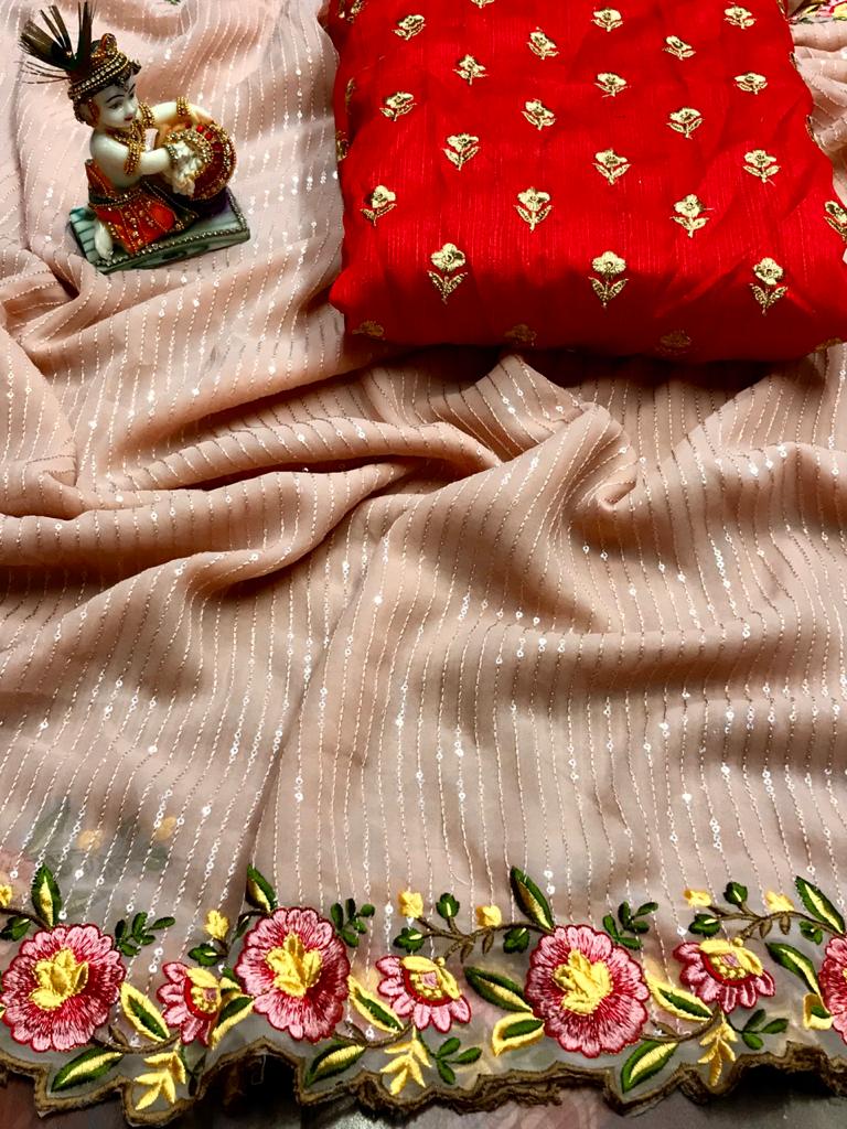 Peach color chiffon saree with sequence embroidery work