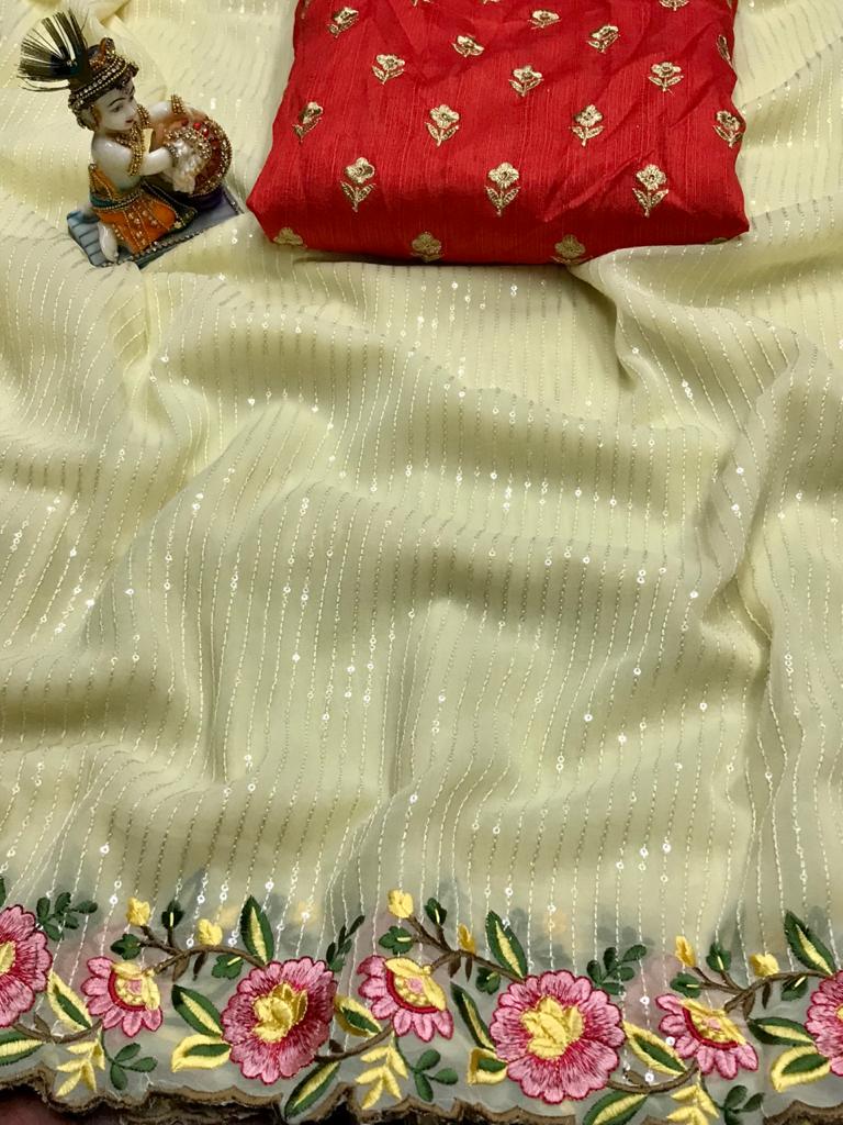Light yellow color chiffon saree with sequence embroidery work