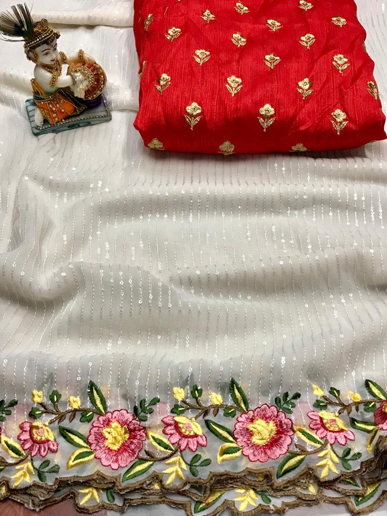 White color chiffon saree with sequence embroidery work