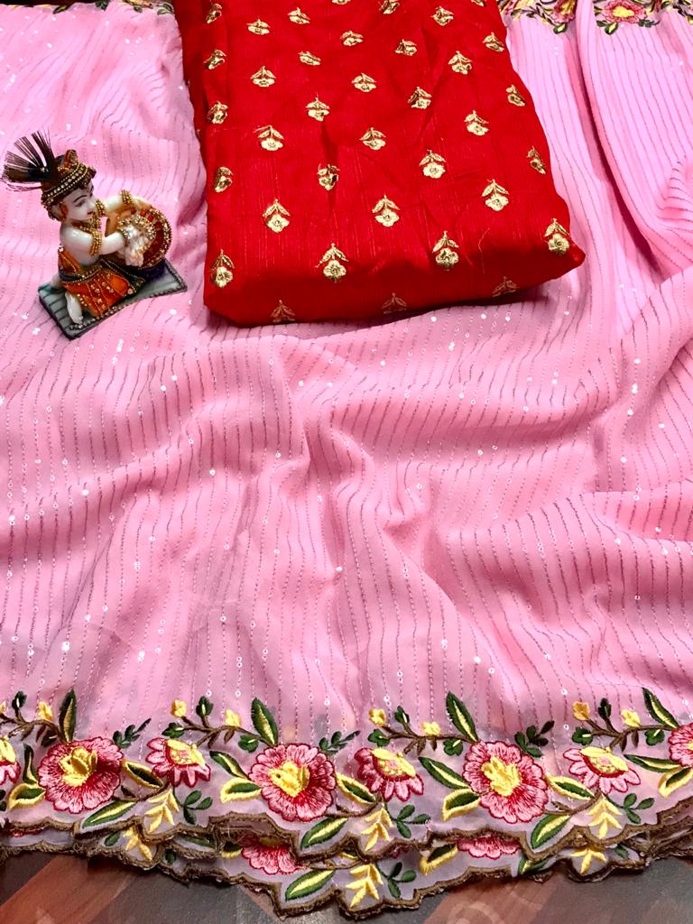 Baby pink color chiffon saree with sequence embroidery work
