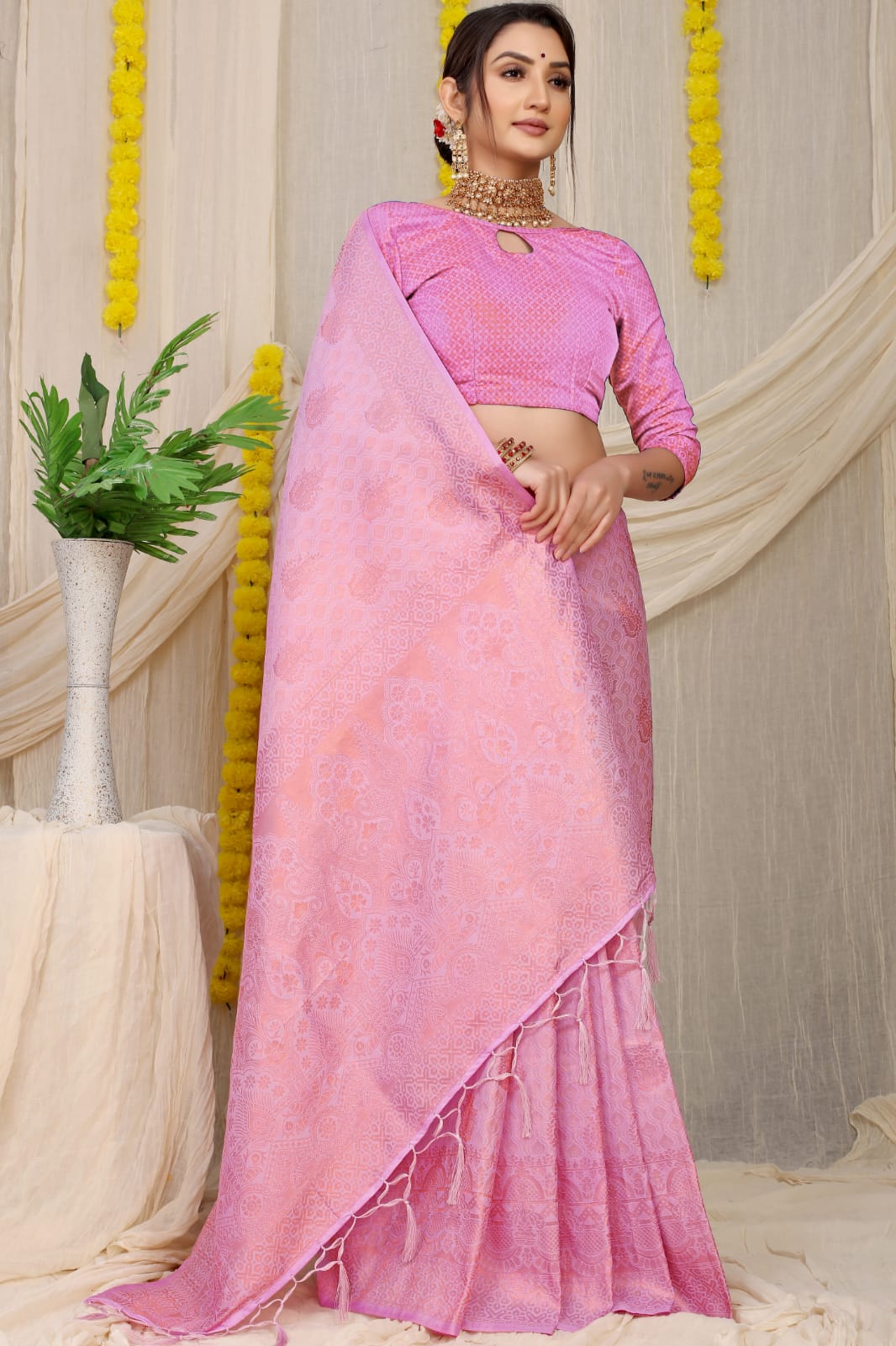 Baby pink color soft fancy silk saree with golden zari weaving work
