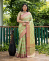 Parrot green color linen silk saree with golden zari weaving work