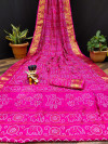 Rani pink color bandhani silk saree with khadi printed work