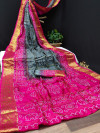 Multi color soft bandhani saree with khadi printed work