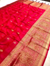 Pink color lichi banarasi saree with golden zari weaving work