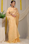 Light yellow color soft fancy silk saree with golden zari weaving work
