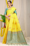 Yellow color soft banarasi silk saree with golden zari weaving work