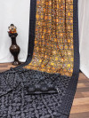 Multi color crape silk saree with kalamkari bandhej printed work