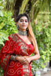 Red color bandhani saree with khadi printed work