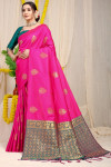 Rani pink color soft banarasi silk saree with golden zari weaving work