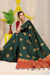Dark green color soft banarasi silk saree with golden zari weaving work