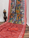 Multi color crape silk saree with kalamkari bandhej printed work