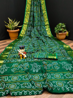 Green color bandhani silk saree with khadi printed work