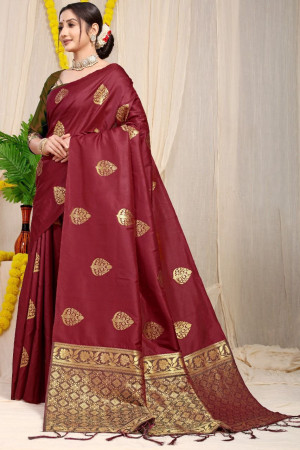 Maroon color soft banarasi silk saree with golden zari weaving work