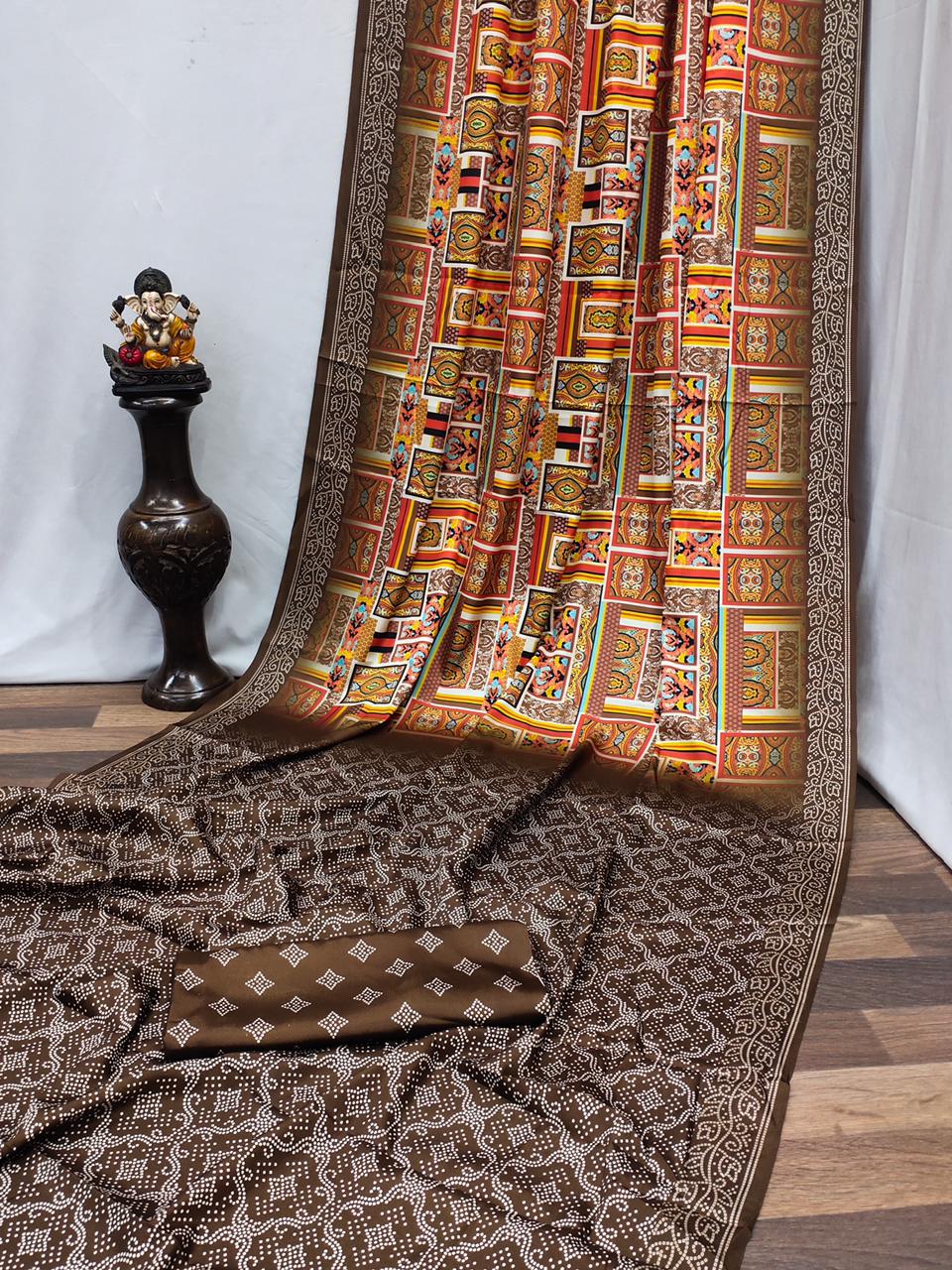 Multi color crape silk saree with kalamkari bandhej printed work