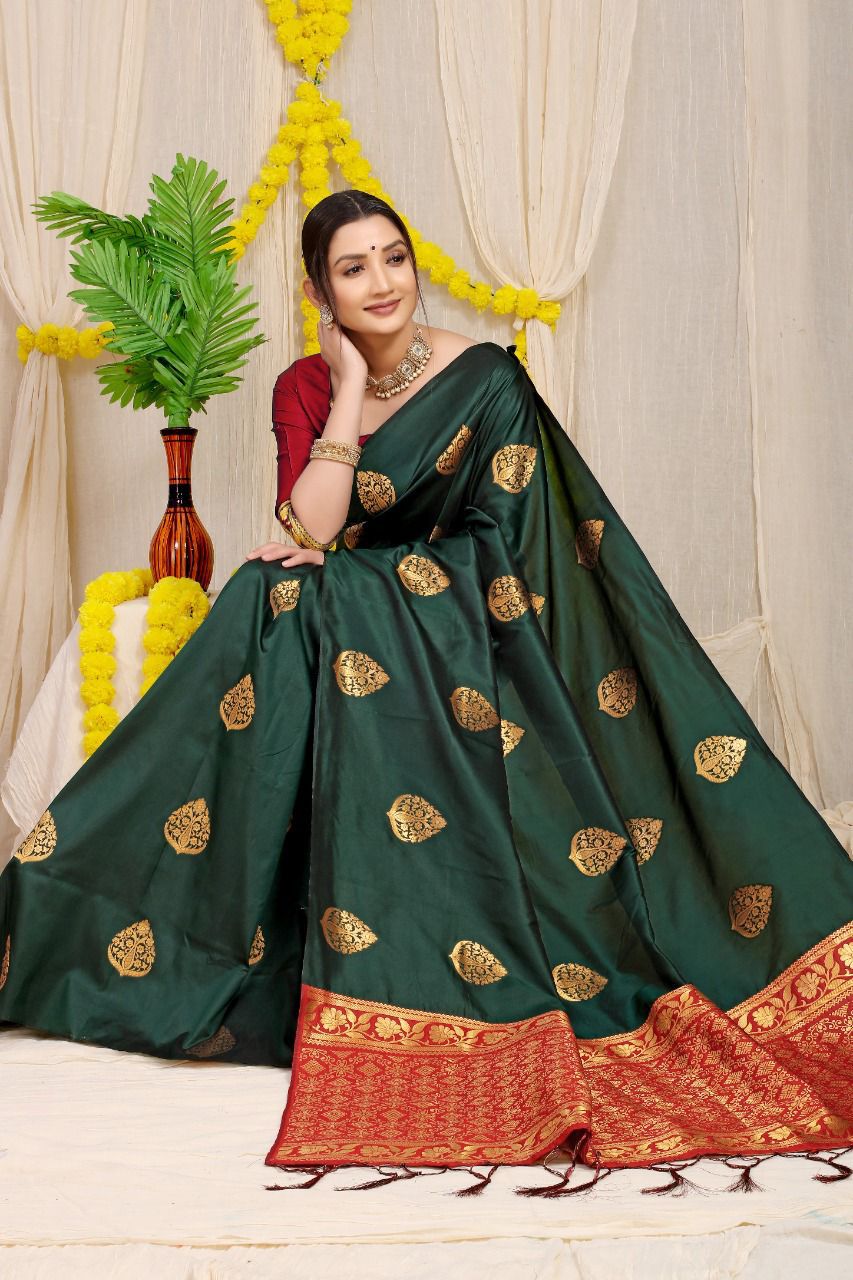 Buy Traditional Wear Green Banarasi Silk Weaving Work Saree Online
