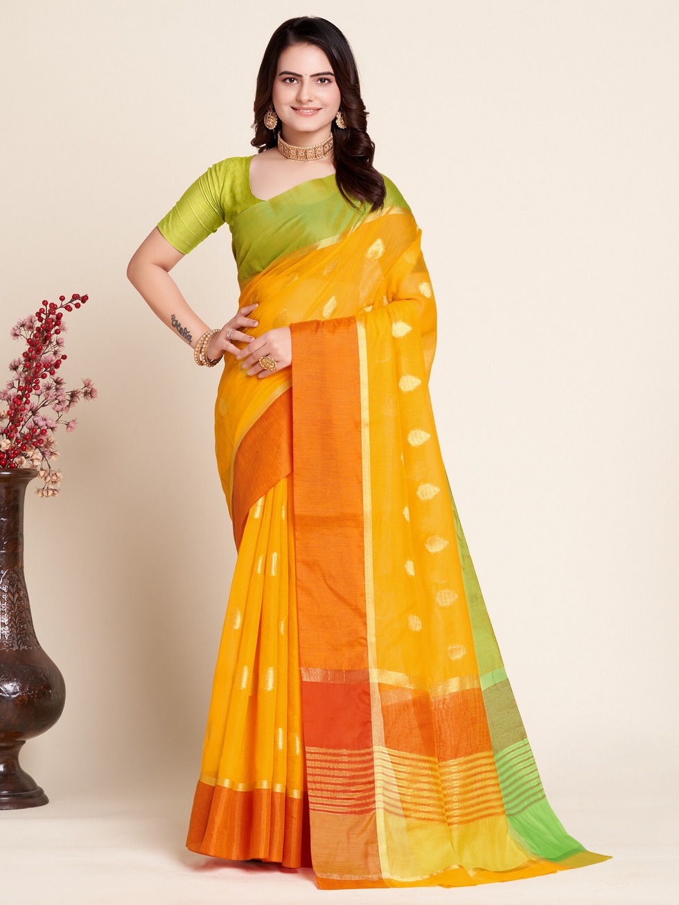 Party Wear, Traditional Yellow color Raw Silk, Silk fabric Saree : 1879942