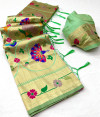 Sea green color paithani silk saree with zari weaving work