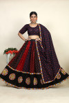 Navy blue color cotton rayon navratri lehenga choli in embroidered and printed work