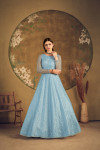 Sky blue color net gown with metallic foil work