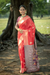 Red and magenta color soft handloom raw silk saree with woven design