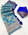 Sky blue color linen silk saree with zari weaving work
