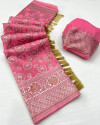 Baby pink color linen cotton saree with woven design