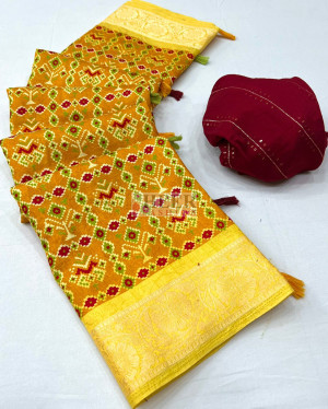 Yellow color dola silk saree with printed work