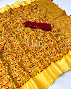 Yellow color dola silk saree with printed work
