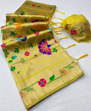 Fashion Guide Woven Zari Cotton Silk Yellow Saree SARV137281