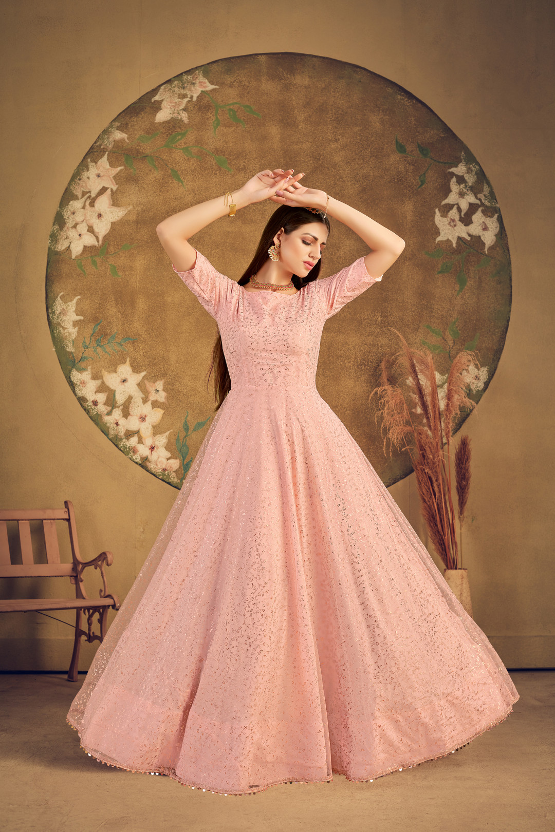 Peach color net best sale dress