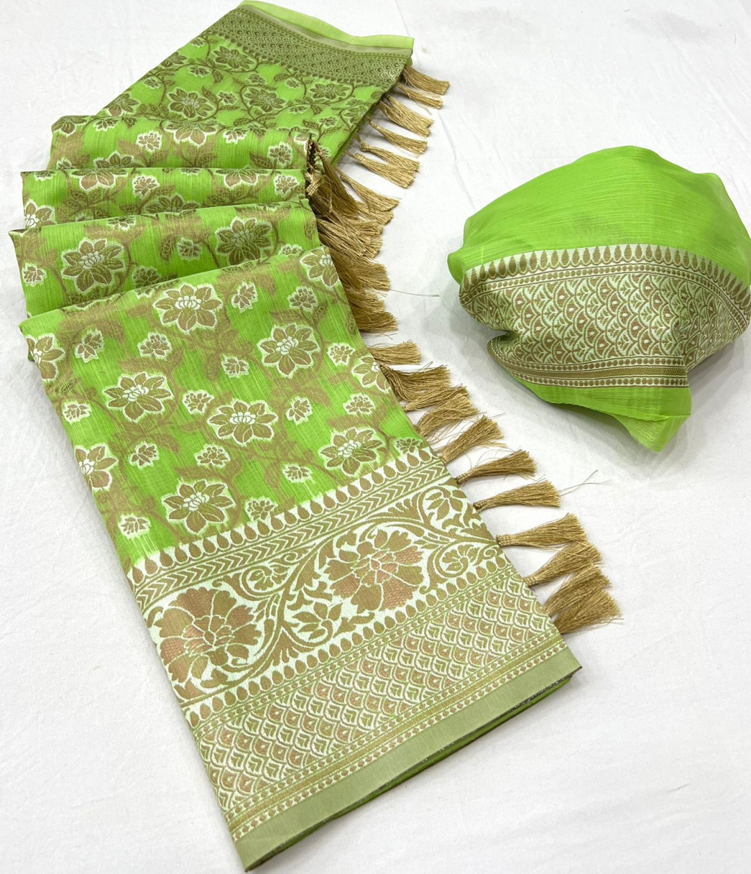 Parrot green color linen cotton saree with woven design
