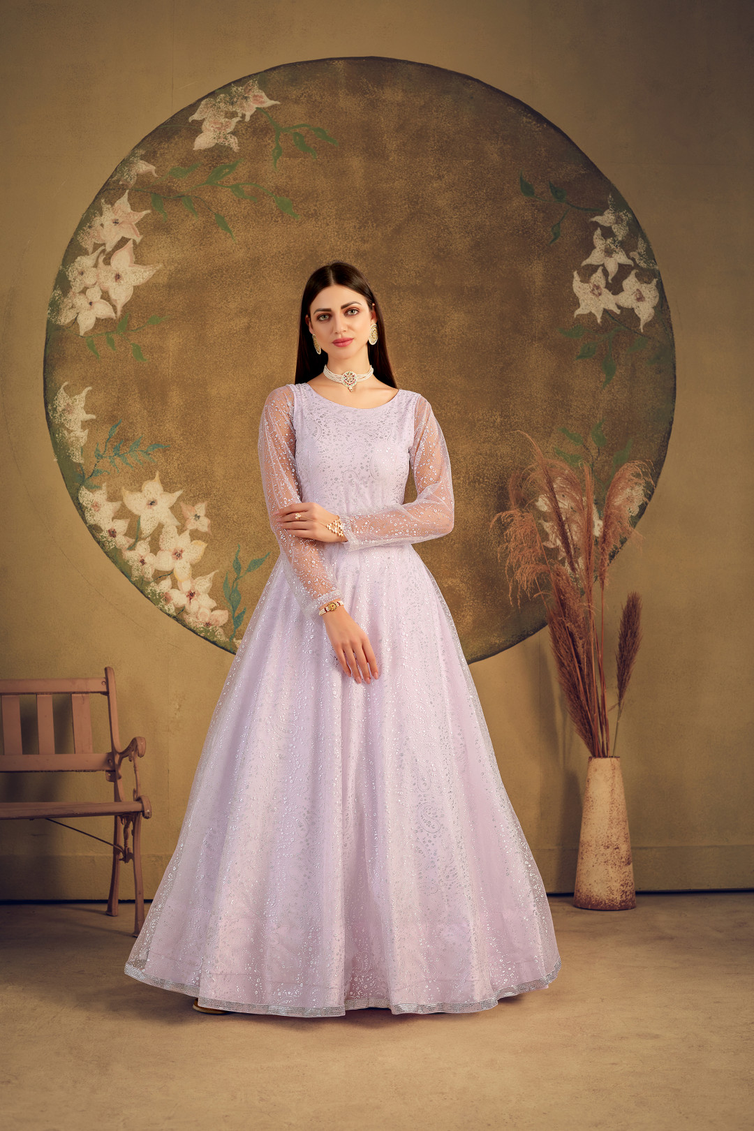 Buy Lavender Stone Embroidered Net Indowestern Gown Online | Samyakk