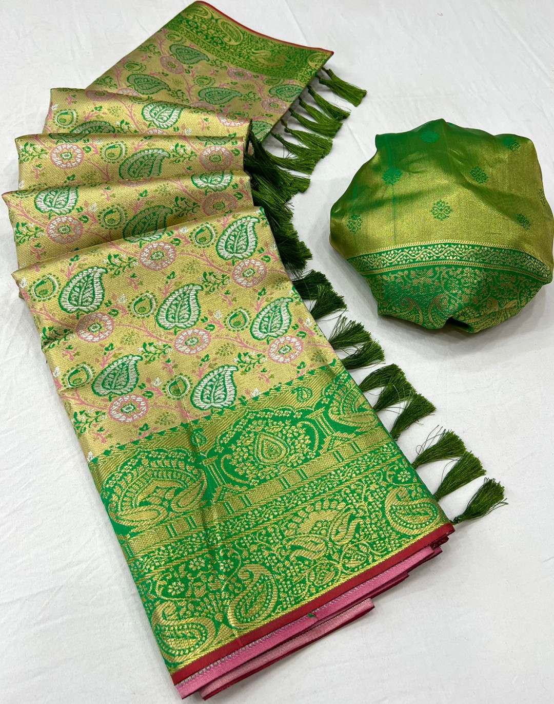 Green color kanchipuram silk saree with zari weaving work