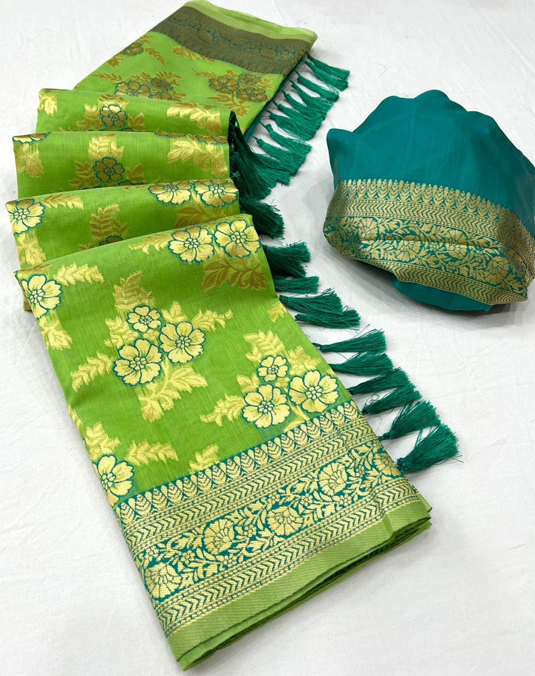Parrot green color linen silk saree with zari weaving work