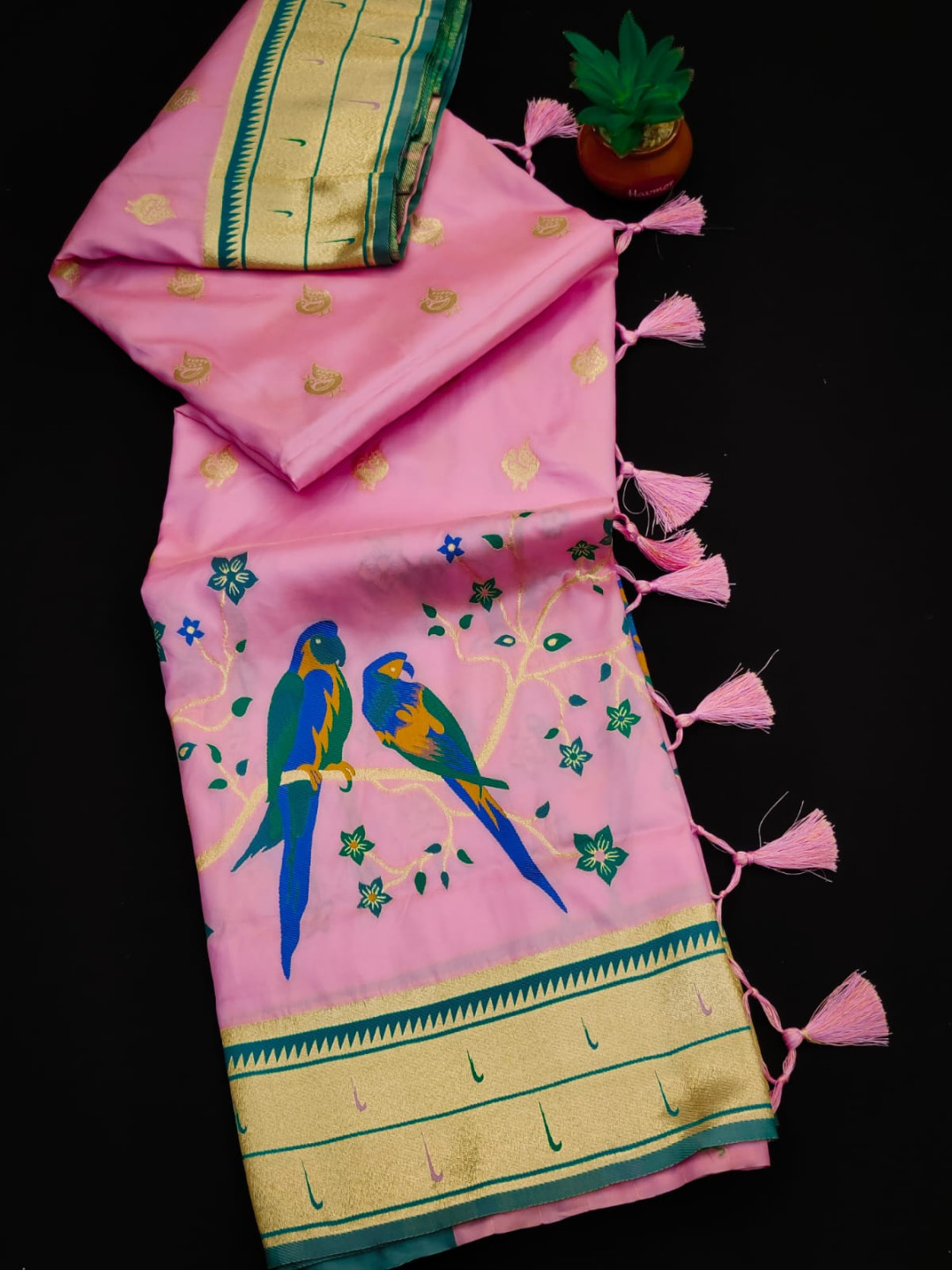 Baby pink color paithani silk saree with zari weaving work
