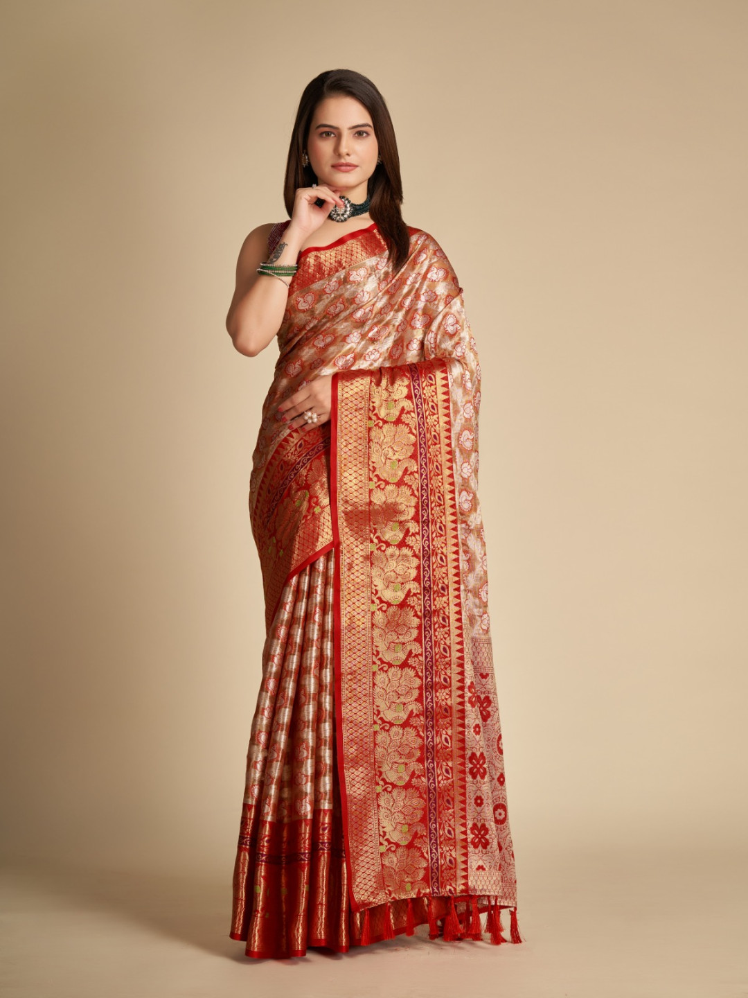 Red color tissue silk saree with woven design