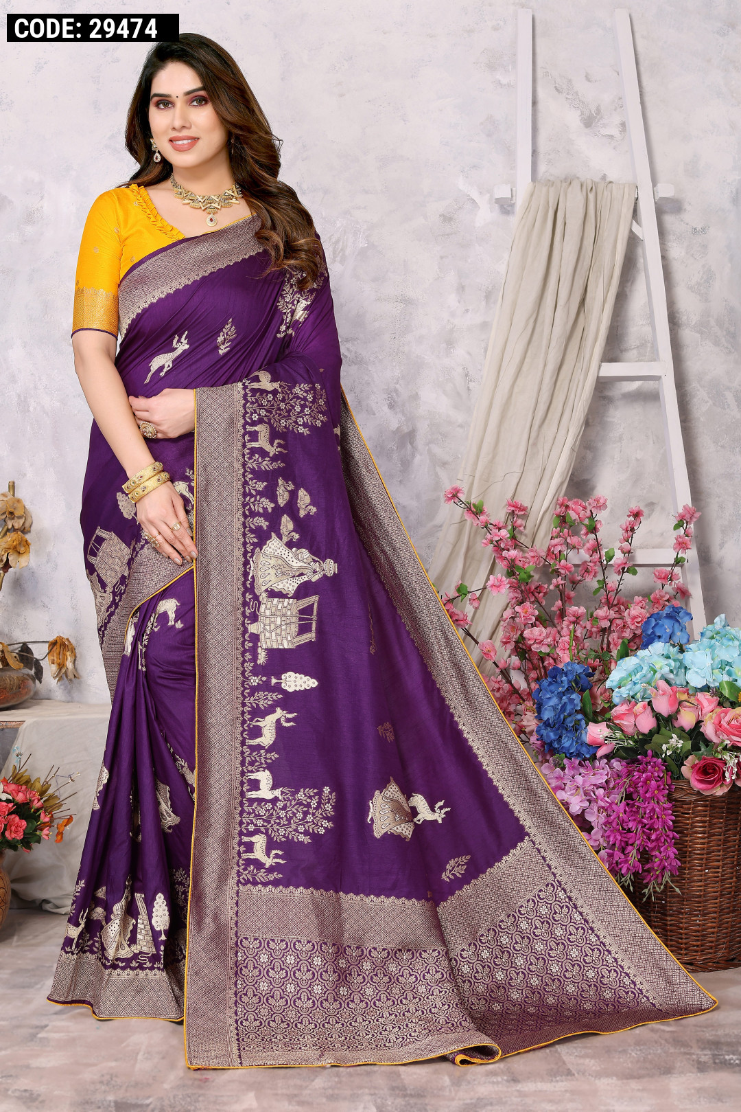 Women's Party Wear Superb Purple Color Pleating Work Saree