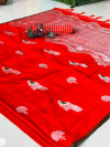 Red color Lichi silk saree with silver zari weaving heavy work