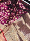 Wine color kanchipuram handloom silk saree with silver and golden zari work