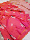 Peach color lichi silk saree with silver zari weaving heavy work