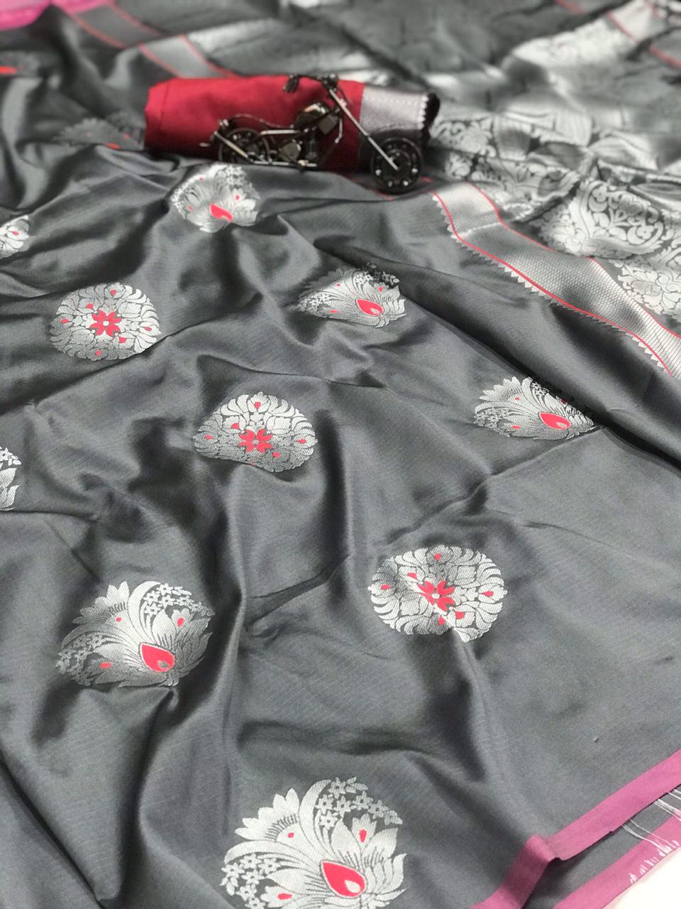 Soft kesari silk saree with zari woven work
