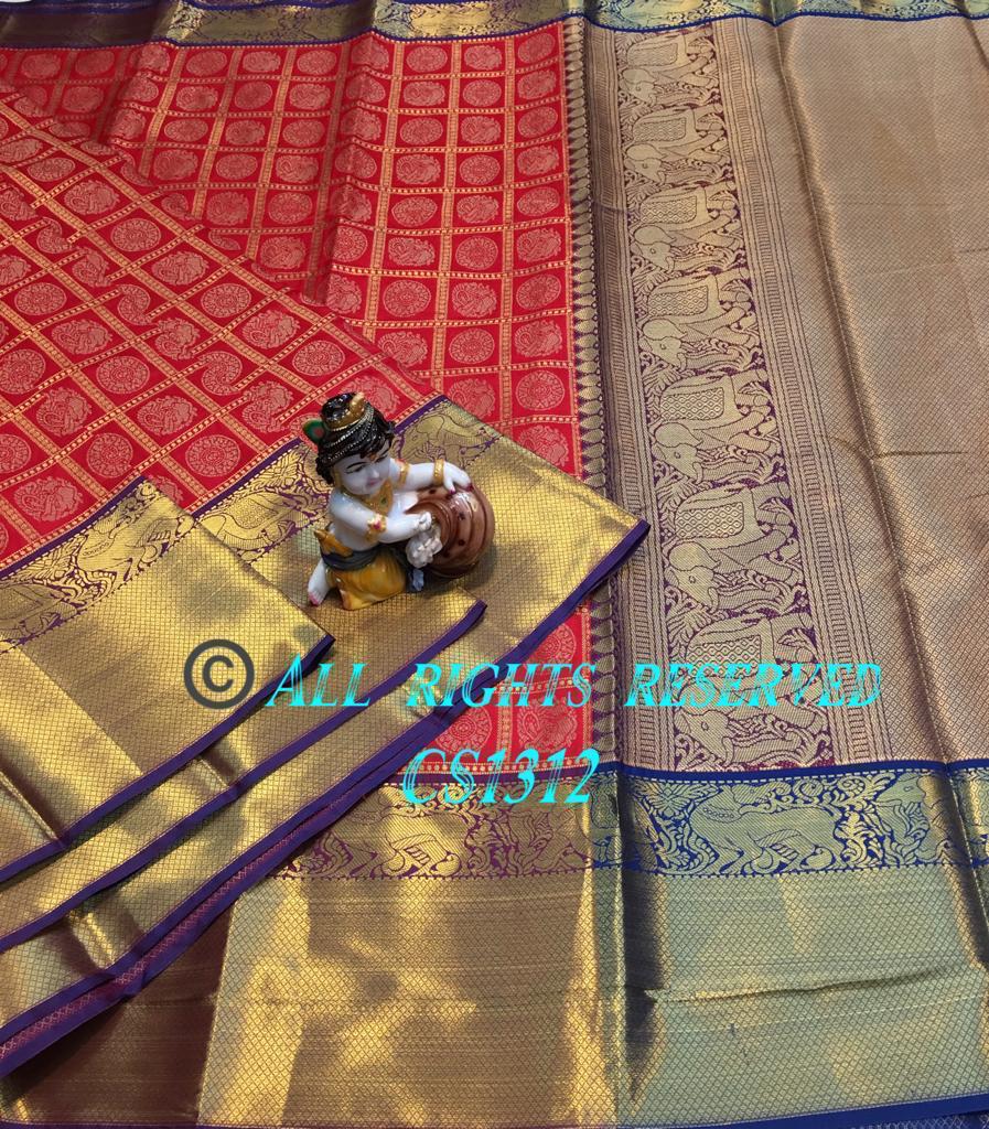 Kanchipuram handloom silk saree with contrast rich pallu
