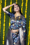 Navy blue color kanchipuram silk saree with zari weaving work