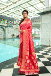 Pink color bandhani saree with pure golden zari weaving work