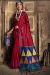 Red color raw silk saree with woven design