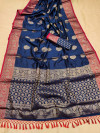 Navy blue color khicha silk saree with zari weaving work