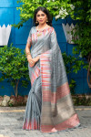 Gray color tussar silk weaving saree with ikat woven border