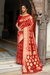 Red color bandhani saree with pure golden zari weaving work