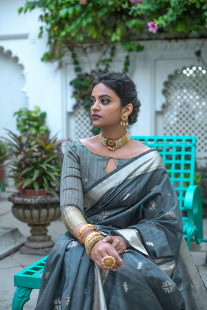 Gray color tussar silk weaving saree with zari woven butti